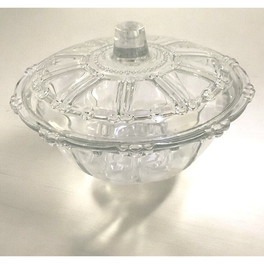 Vintage KIG Indonesia Glass Oyster Pearl Clear 7" Covered Candy Dish Bowl w/ Lid